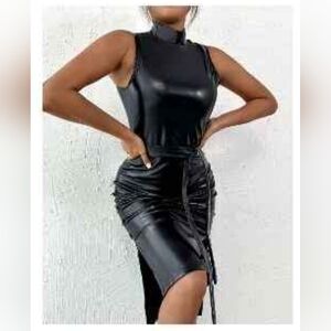 New Buttoned Split Hem PU Leather Bodycon Dress